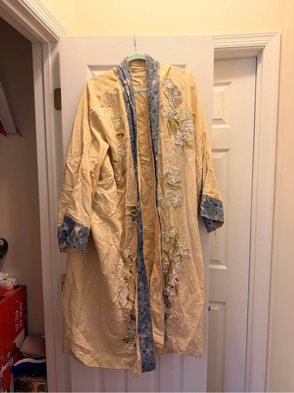 Embroidered Pale Yellow Open-Front duster with Blue Trim free people like